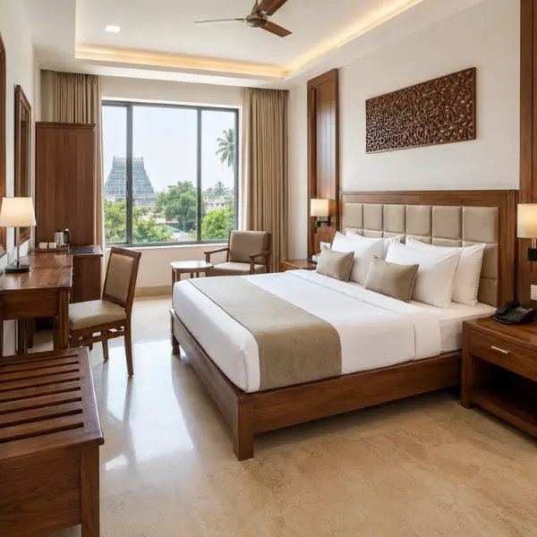 Premium kiln-dried solid teak beds crafted by the leading hotel furniture manufacturer in Madurai.