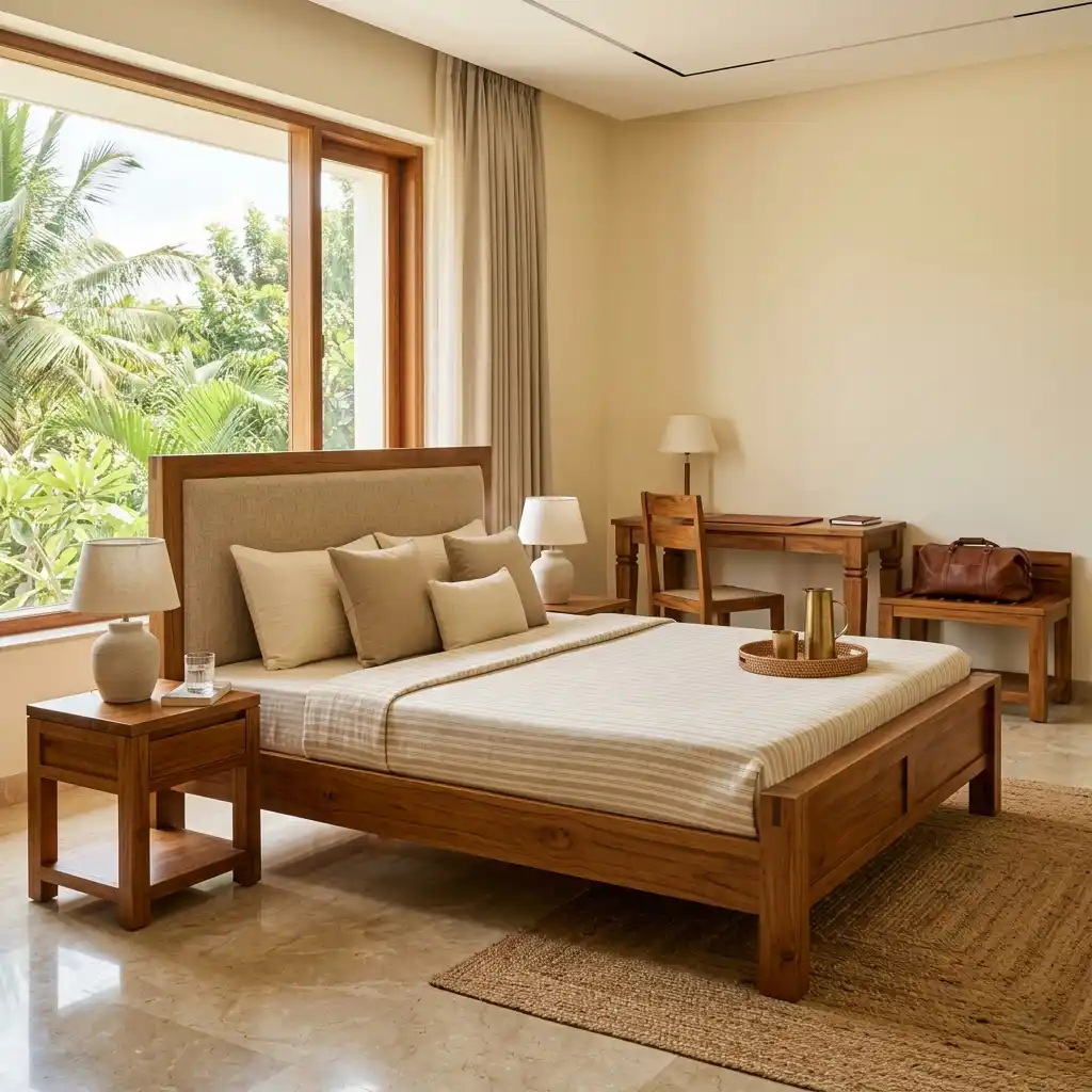 High-quality, kiln-dried solid teak beds and seating built by a leading hotel furniture manufacturer in Mysore.