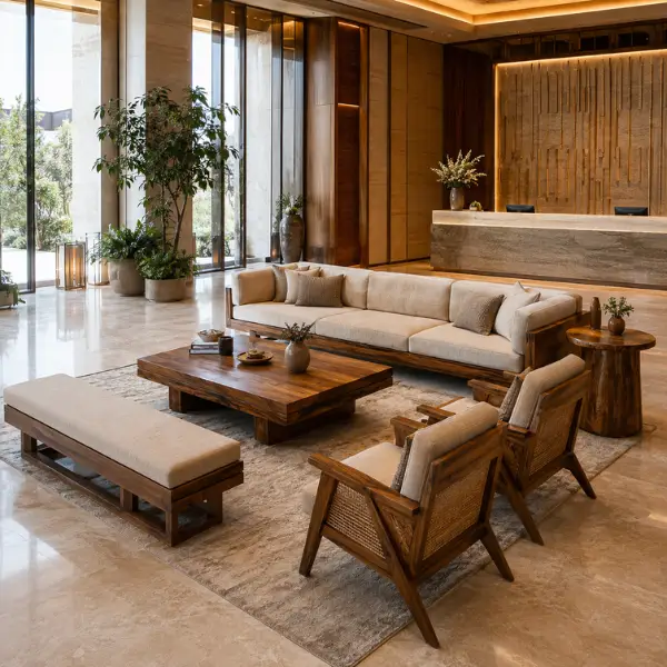 Premium solid teak lobby furniture by Craftnika, a leading hotel furniture manufacturer Prayagraj