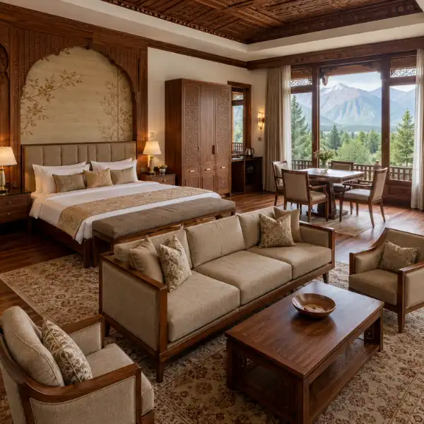 Factory direct hotel furniture manufacturer Srinagar supplying kiln-dried solid wood furniture for resorts.
