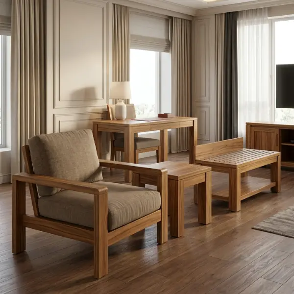 Kiln-dried solid teak hotel room furniture by Craftnika, a leading hotel furniture manufacturer Tirupati