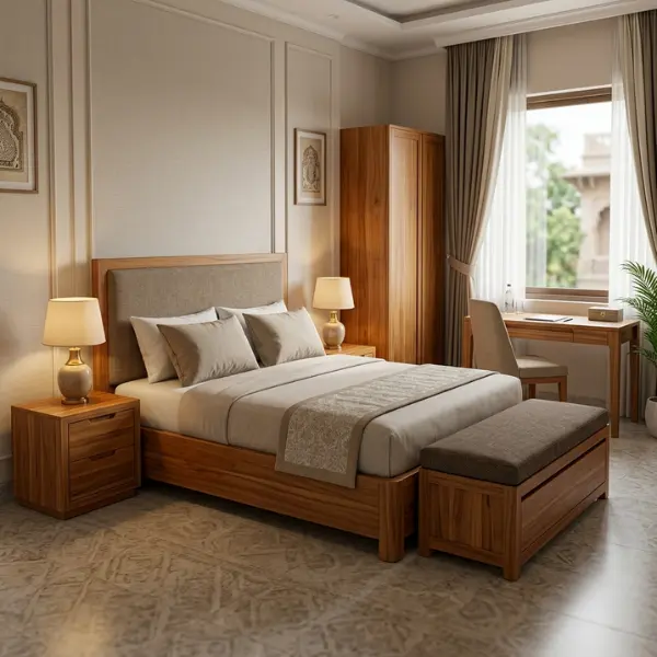 Kiln-dried solid teak hotel room furniture by Craftnika, a leading hotel furniture manufacturer Varanasi