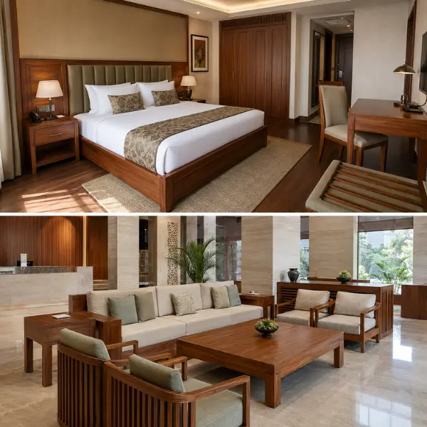 Bespoke hotel room furniture including bed frames and case goods manufactured by a top commercial furniture supplier in Bangalore.