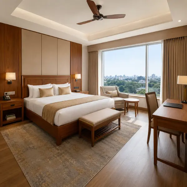 Premium solid teak wood beds crafted by expert hotel furniture manufacturers in Hyderabad for luxury guestrooms.