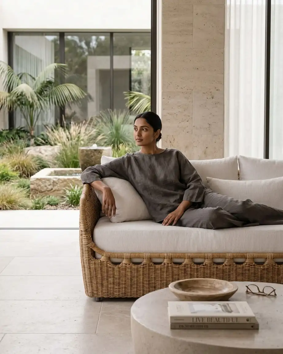 The Coastal Rattan model displayed as a luxury hotel lobby sofa bulk order installed in a premium boutique resort lounge.