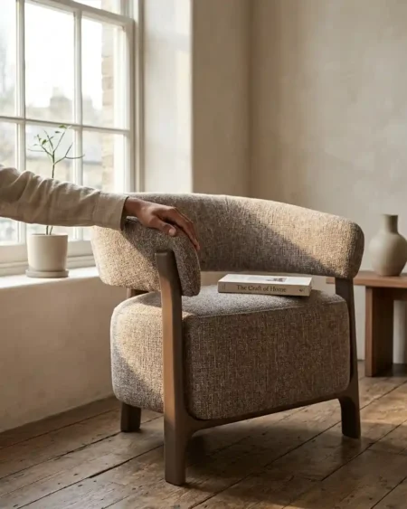 Close up of the beautiful tweed fabric upholstery and the exposed solid teak wood joinery on the luxury lounge chair.