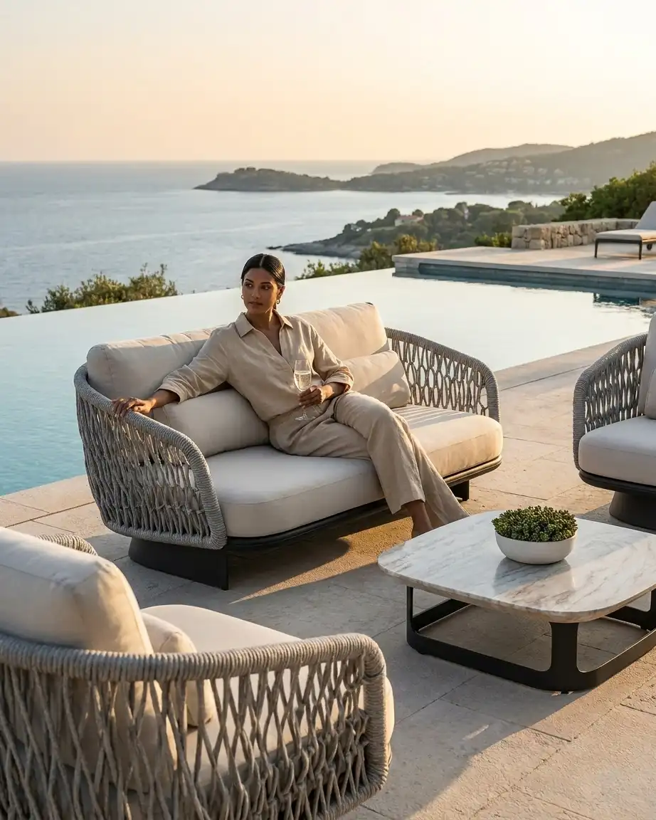 The Coral Bay model displayed as luxury hotel lounge set bulk order installed in a premium outdoor patio.