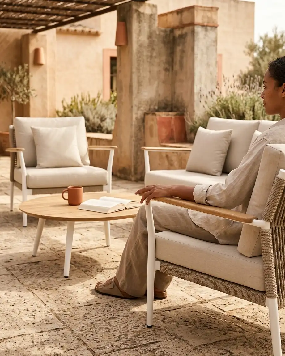 The Nordal model displayed as a luxury hotel lounge set wholesale installed in a resort patio.