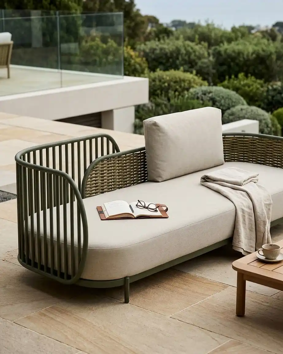 Close up of the intricate UV-stabilized rope weave on the hotel poolside sofa bulk order piece.