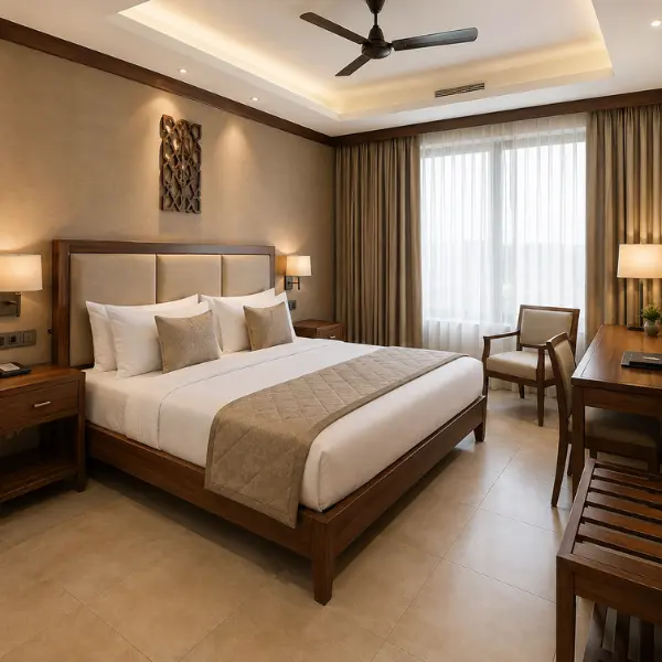 A modern hotel room featuring custom beds crafted by Craftnika, a leading hotel room furniture manufacturer in Chennai.
