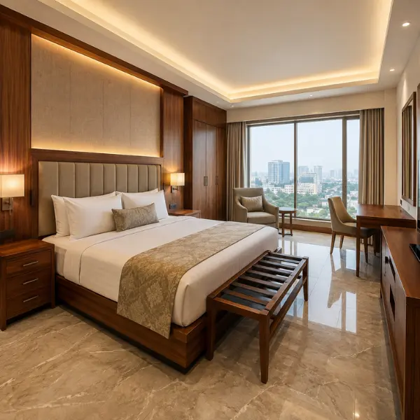 Custom B2B indoor hotel room furniture designed for Noida resorts, straight from our Delhi factory.
