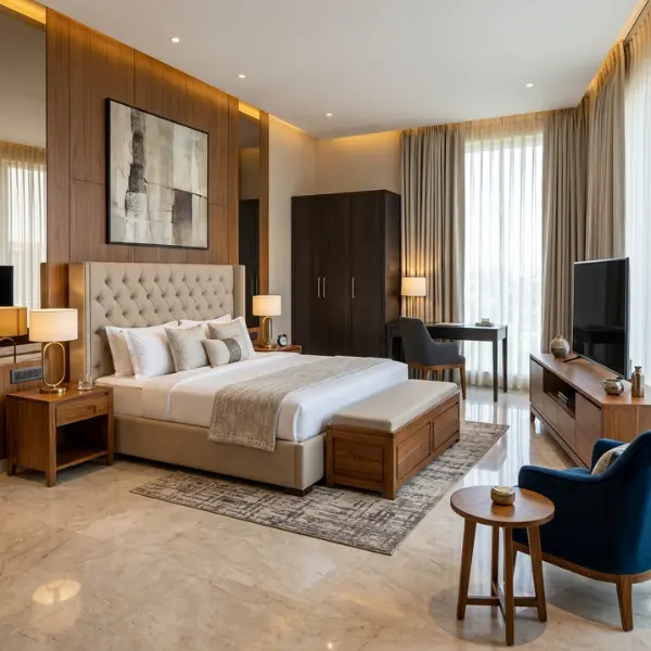 Pune hotel room furniture manufacturer supplying custom contract-grade beds, headboards, and wardrobes.