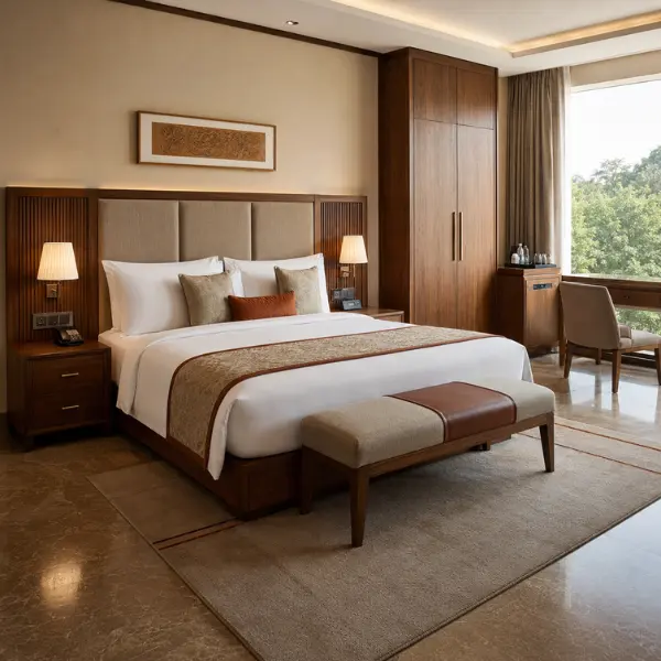 Solid wood hotel bedroom furniture provided by hotel room furniture suppliers Bodh Gaya