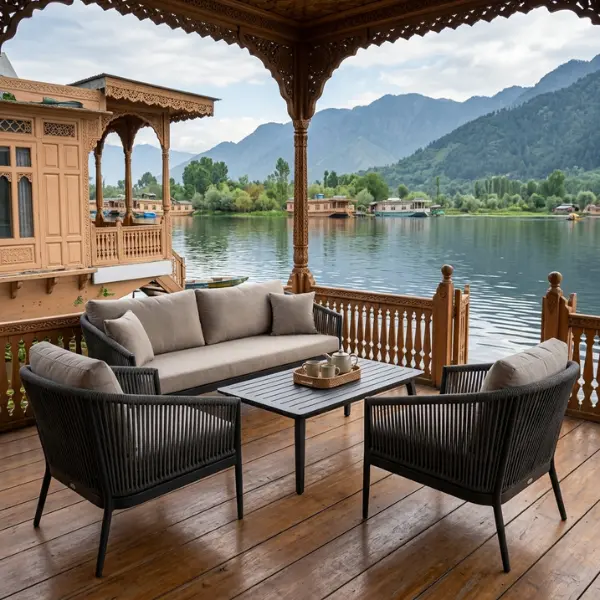 Rust-proof, marine-grade aluminium chairs crafted by a leading houseboat furniture manufacturer in Srinagar.