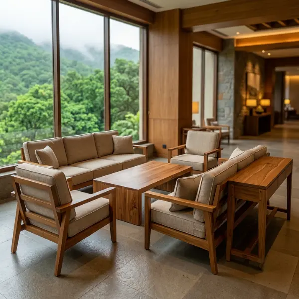 Premium indoor furniture manufactured for Lonavala villas and resorts using kiln-dried solid teak wood.