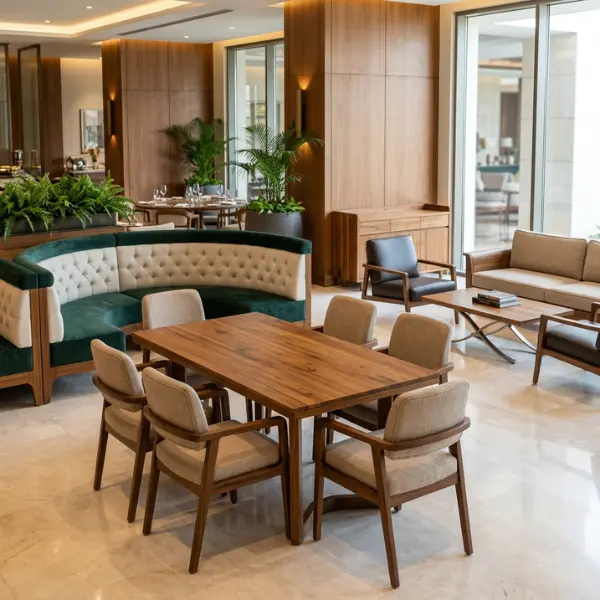 Indoor furniture manufacturer in Nashik supplying kiln-dried solid teak wood hotel and restaurant furniture.
