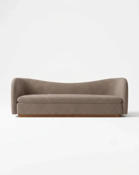 Luxury Isola Wave-Back Sofa featuring a solid kiln-dried wood frame, striking undulating backrest design, taupe fabric, and a solid timber plinth base for living rooms.