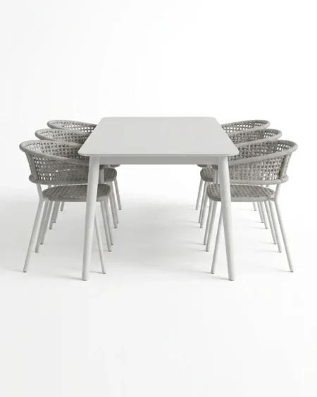 Luxury white marine-grade aluminium Ivory lattice-weave 6-seater dining set with UV-stabilized rope chairs for commercial outdoor dining sets.