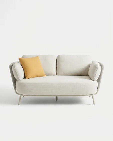 The Ivory Rope Arm Loveseat Sofa featuring a sophisticated 2-seater design with premium cream rope wrapped arms and a powder-coated metal frame.