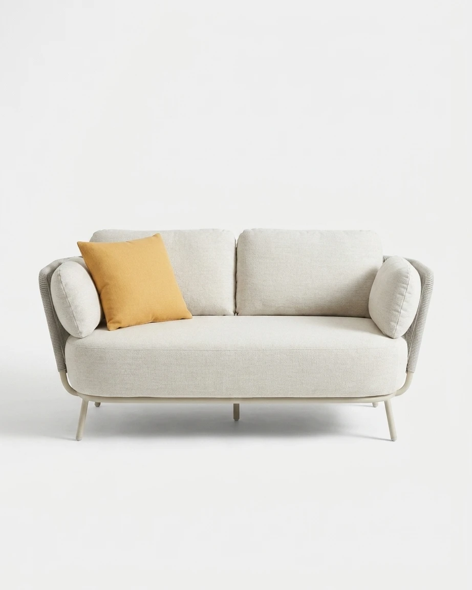 The Ivory Rope Arm Loveseat Sofa featuring a sophisticated 2-seater design with premium cream rope wrapped arms and a powder-coated metal frame.