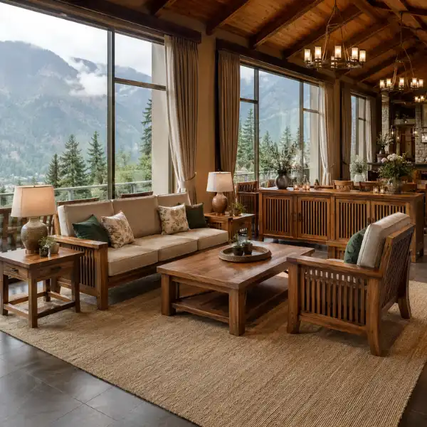 Custom outdoor furniture for Kasol and Parvati Valley hotels and resorts by Craftnika, factory-direct from Delhi.
