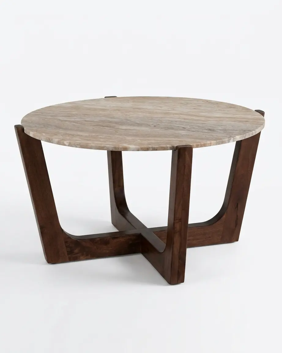 The Kessler Cross Leg Center Table featuring a round travertine stone top and architectural solid walnut wood cross base.