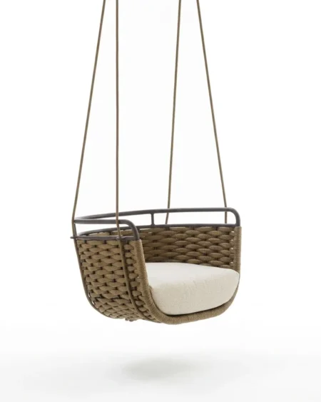 The Kestral Rope Weave Hanging Chair featuring a minimalist open-frame design and premium olive rope weave.