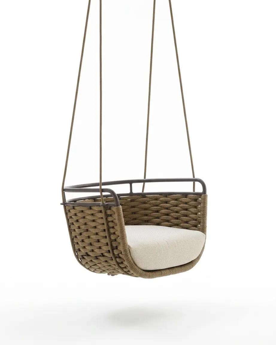 The Kestral Rope Weave Hanging Chair featuring a minimalist open-frame design and premium olive rope weave.