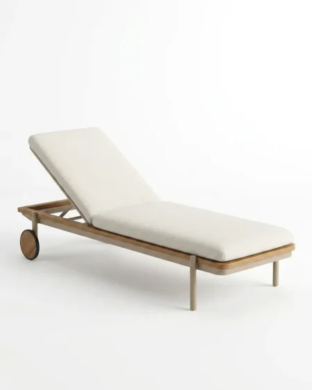 Luxury Kestrel sun lounger featuring a rust-proof marine-grade aluminium frame with a teak wood-grain finish and transport wheels, manufactured for high-end resorts.