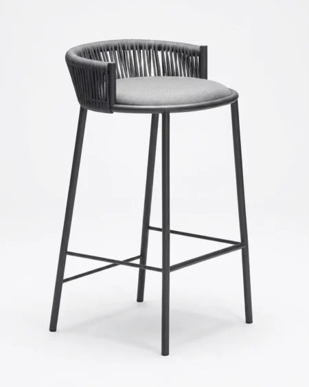 Kingsley Bar Stool featuring a matte black marine-grade aluminium frame and UV-stabilized woven rope backrest for outdoor use.
