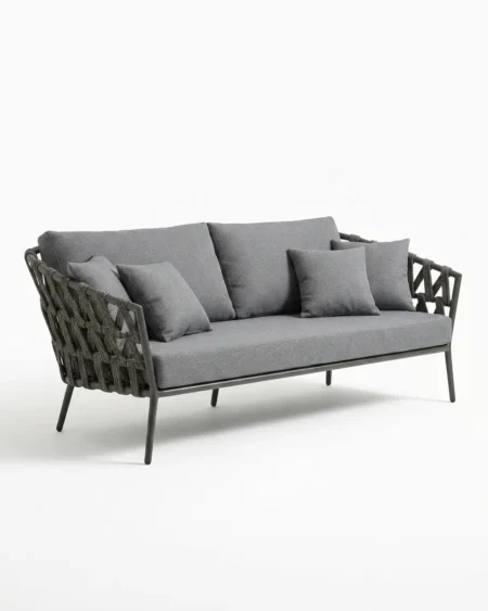 The Lattice Weave Grey Outdoor Sofa featuring a sophisticated 3-seater design with premium crisscross rope weave and a powder-coated metal frame.