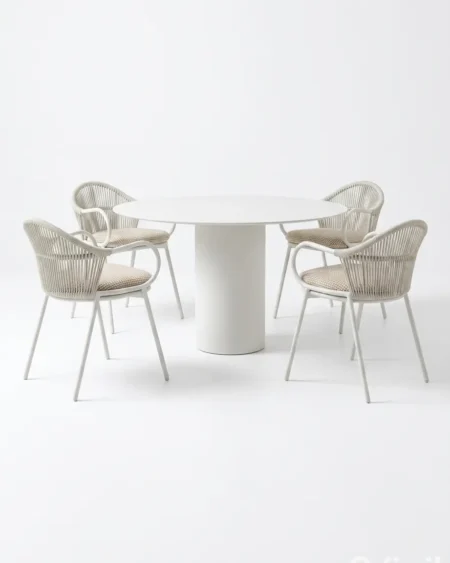 Luxury marine-grade aluminium Loop rope weave 4-seater dining set with a white round pedestal table and UV-stabilized rope armchairs for commercial outdoor dining sets.
