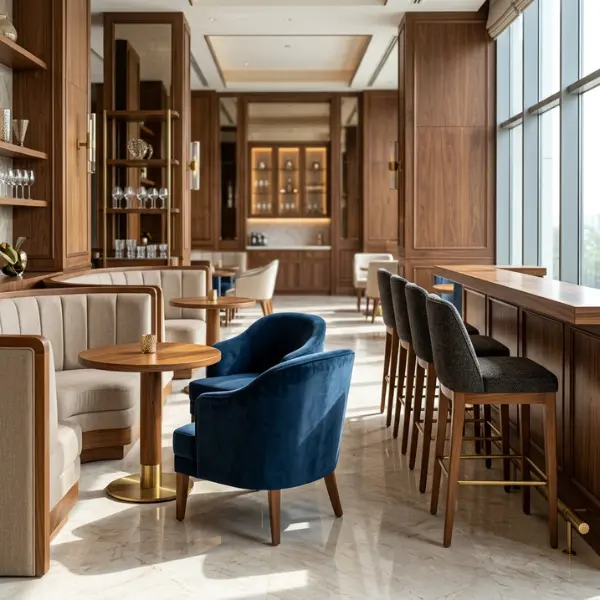 Custom kiln-dried teak lounge and bar seating from a trusted lounge bar furniture manufacturer Delhi.
