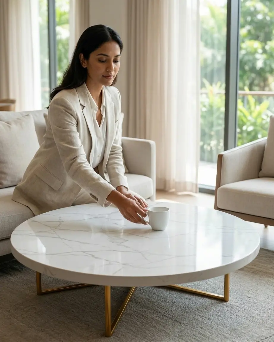 Premium Estrella round center table with white marble and a star-shaped geometric gold frame.