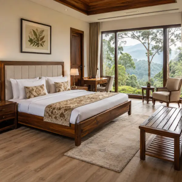 Bespoke solid wood suite setups crafted by the leading luxury hotel indoor furniture manufacturer Kodaikanal.