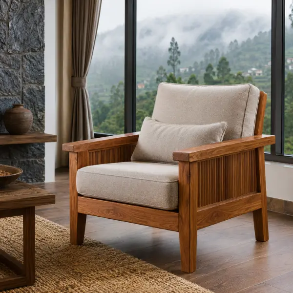 Kiln-dried solid teak indoor suites crafted by the leading luxury hotel indoor furniture manufacturer in Ooty.