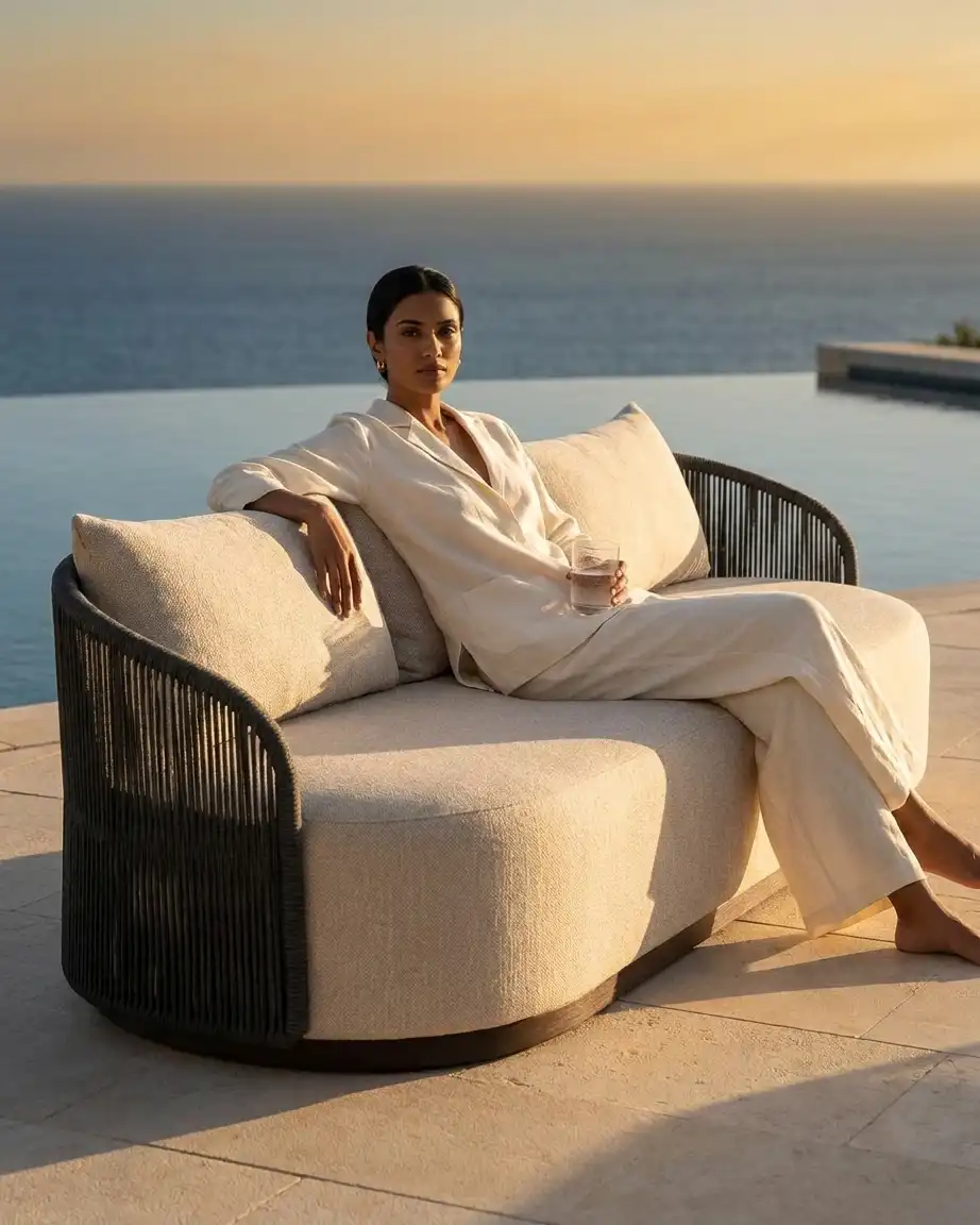 Close up of the high-quality weather resistant beige fabric and rope detailing featuring a luxury hotel lobby sofa bulk order.