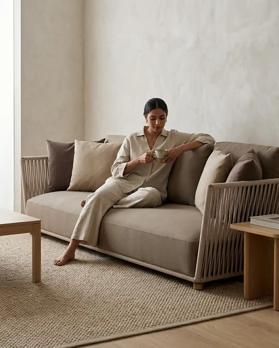 The Taupe model displayed as luxury lounge sofa wholesale installed in a premium boutique hotel lobby.