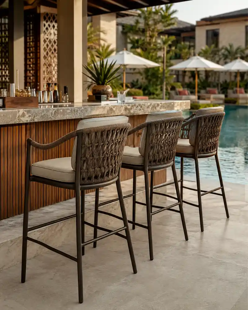 Premium luxury outdoor bar stools designed for hotel and resort poolside counters in India.