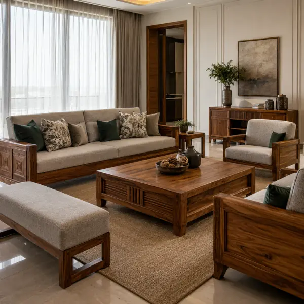 Bespoke luxury living room furniture crafted by a leading villa furniture manufacturer in Faridabad.