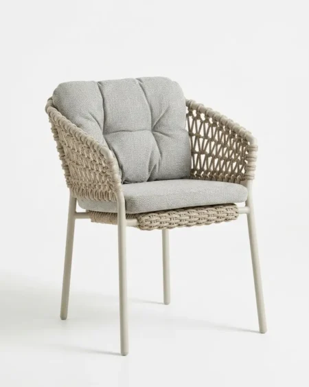 Luxury sand marine-grade aluminium Macrame knot-weave armchair with UV-stabilized cord and tufted cushion backrest for commercial outdoor dining sets.
