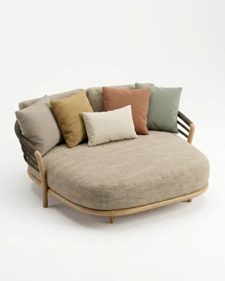 Luxury Marbeck slat-arm round outdoor daybed featuring a rust-proof aluminium frame with a sublimated wood-grain finish, manufactured for high-end resorts.