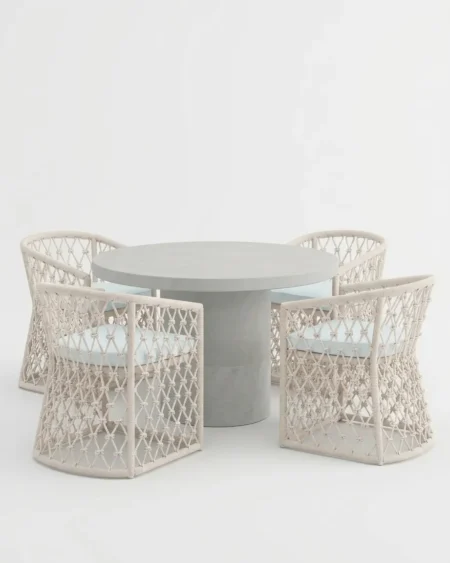 Luxury 4 seater Marbella rope weave dining set featuring a marine grade aluminium frame and concrete finish table for commercial hospitality projects.