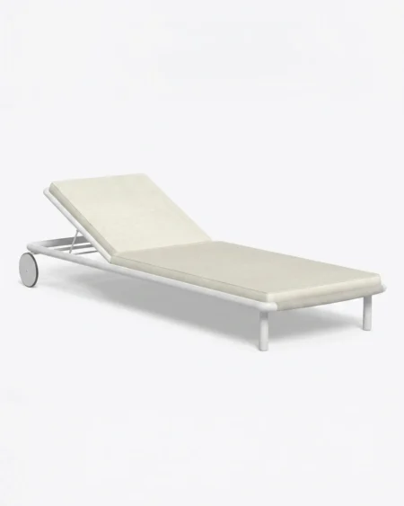 Luxury Marbella wheeled sun lounger featuring a rust-proof white aluminium frame and transport wheels, manufactured for high-end resorts.