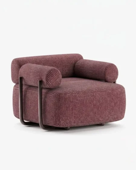 Luxury Marchetta Lounge Chair featuring a modern powder-coated metal sled base over a solid wood core and plush tweed upholstery.
