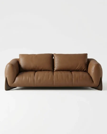 Luxury Marchetti Sculpted Leather Sofa featuring a solid kiln-dried wood frame, exposed wood flank details, and cognac leather upholstery for living rooms.