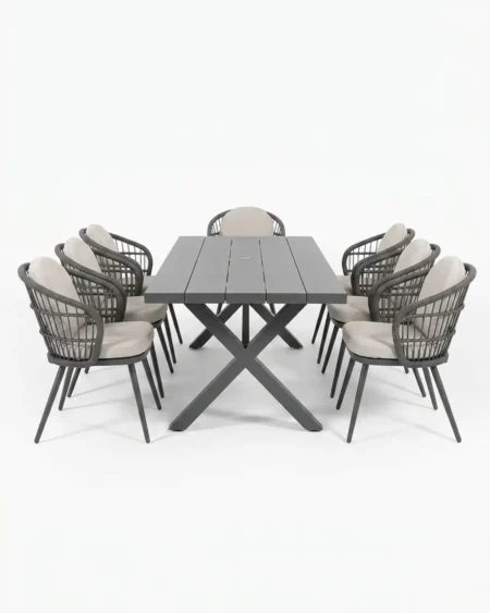 Luxury marine-grade aluminium Marcona rope weave 8-seater dining set with a slatted plank top table and UV-stabilized rope armchairs for commercial outdoor dining sets.