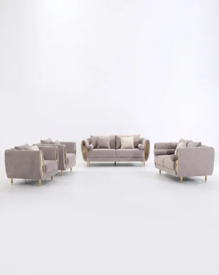 Luxury Marleen Round-Arm Velvet Sofa Set featuring a solid kiln-dried wood frame, mauve velvet upholstery, and elegant gold legs for living rooms.