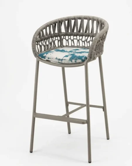 Marine-grade marlowe bar stool with grey powder-coated frame and abstract printed cushion