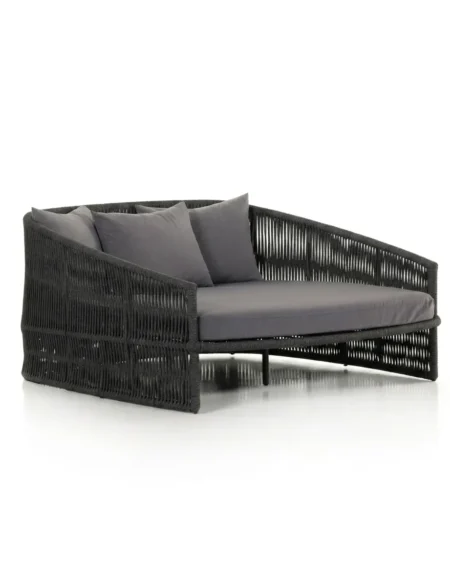 Luxury Marlowe rope-weave outdoor daybed featuring a rust-proof aluminium frame and UV-stabilized synthetic rope, manufactured for high-end resorts.